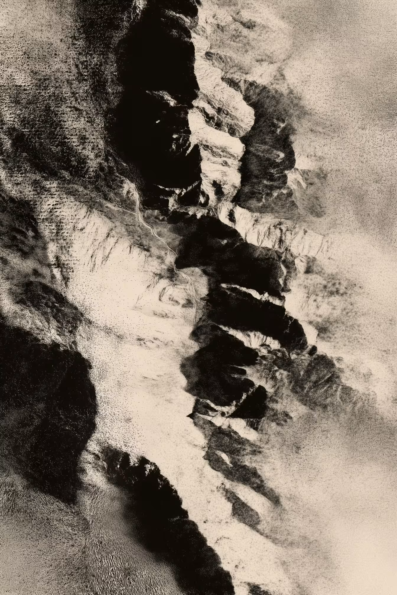 A landscape of grain, muted tones and cartographic textures evokes the rugged stillness of alpine territory. Vintage-park cues and weathered visuals form an atmosphere of exploration, transforming the valley’s geography into a quiet, immersive field of memory and terrain.