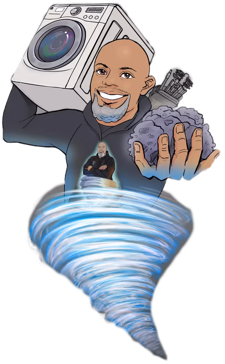 Pollard's Dryer Vent Cleaning comic book style character who is holding a dryer and lint.