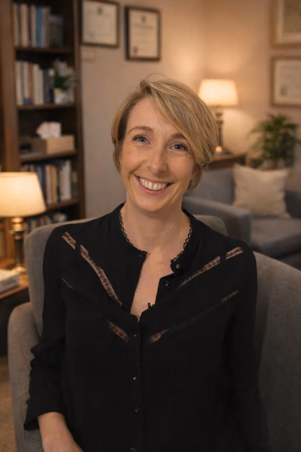 Smiling woman with short blonde hair wearing a black blouse standing against a light wall.