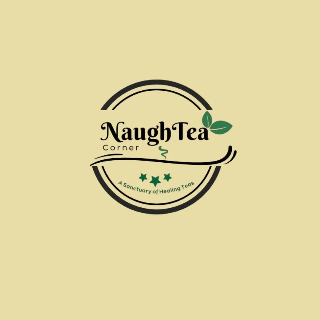 NaughTea Corner logo with a circular design, two green tea leaves, three stars, and the slogan 'A Sanctuary of Healing Teas'.