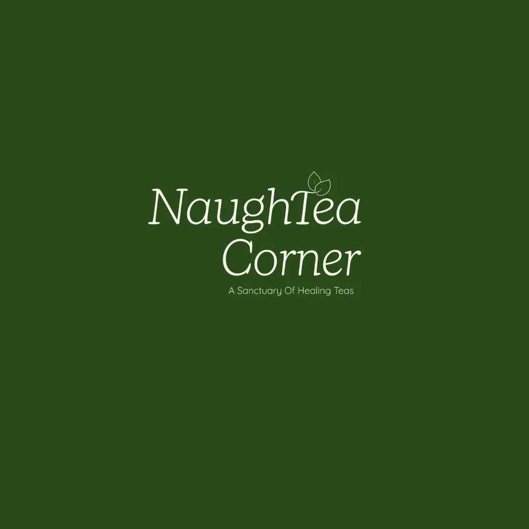 Logo for NaughTea Corner with two leaf icons and the tagline 'A Sanctuary Of Healing Teas' on a dark green background.