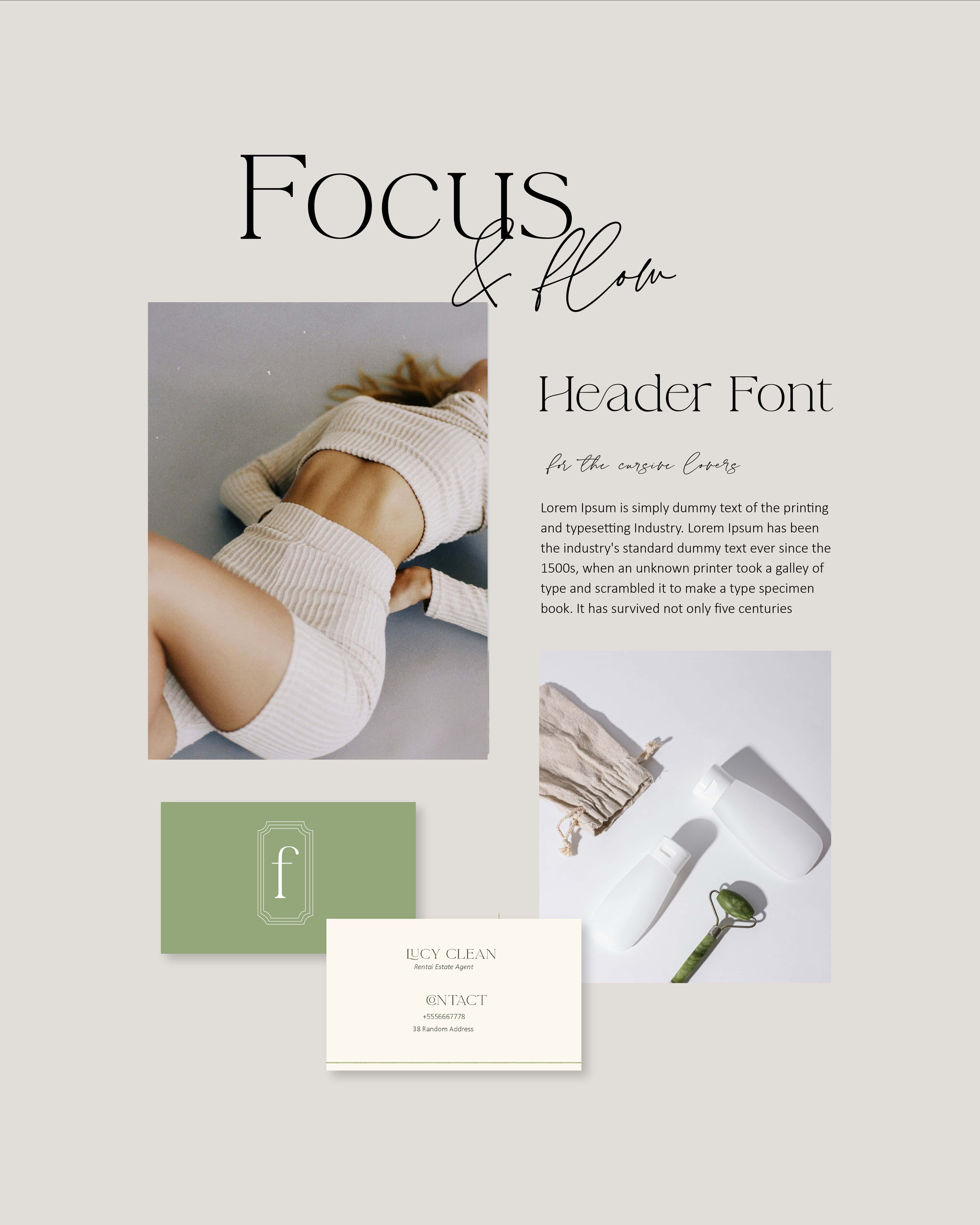 Design layout featuring text 'Focus & flow' with a photo of a woman in a ribbed outfit lying down, images of skincare bottles and a jade roller, and two minimalist business cards, one green with an 'f' logo and one cream with contact details.