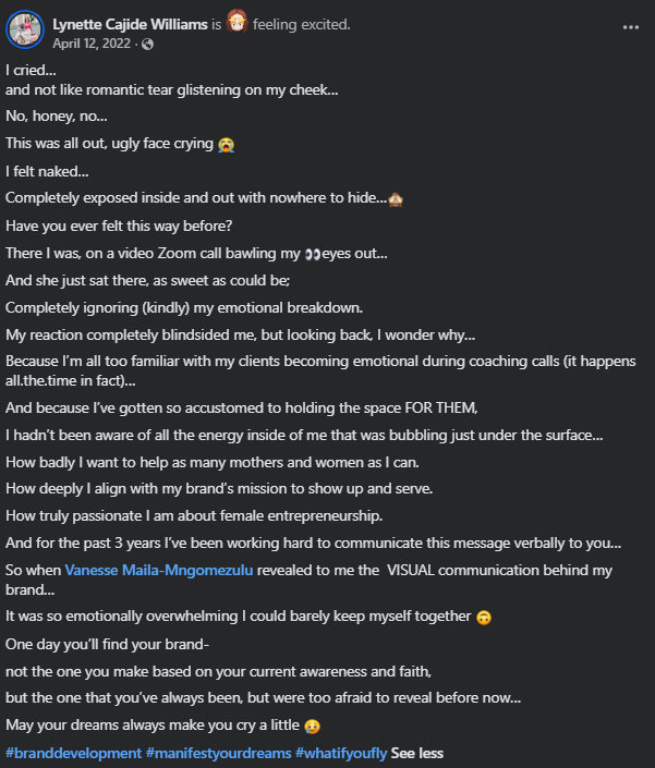 Screenshot of a heartfelt Facebook post about emotional coaching, brand mission, and female entrepreneurship.