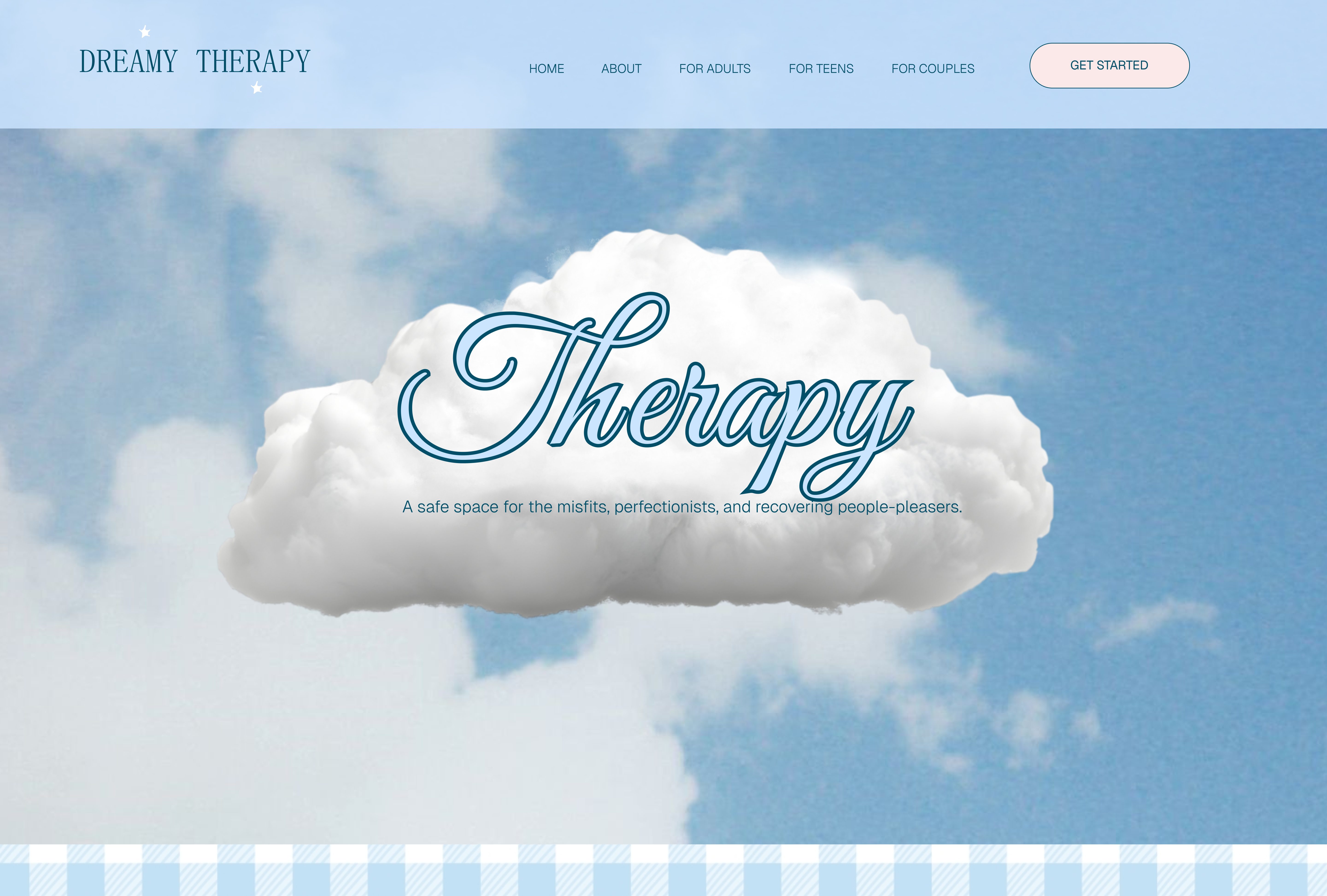 Website header with a fluffy cloud and word Therapy, a safe space for misfits and perfectionists