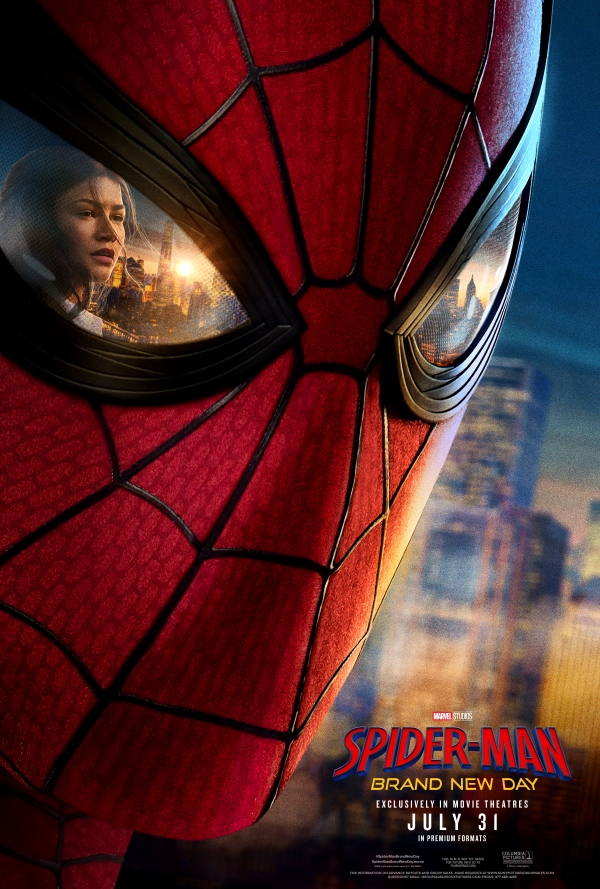 Close-up of Spider-Man's mask reflecting a woman and cityscape at sunset.