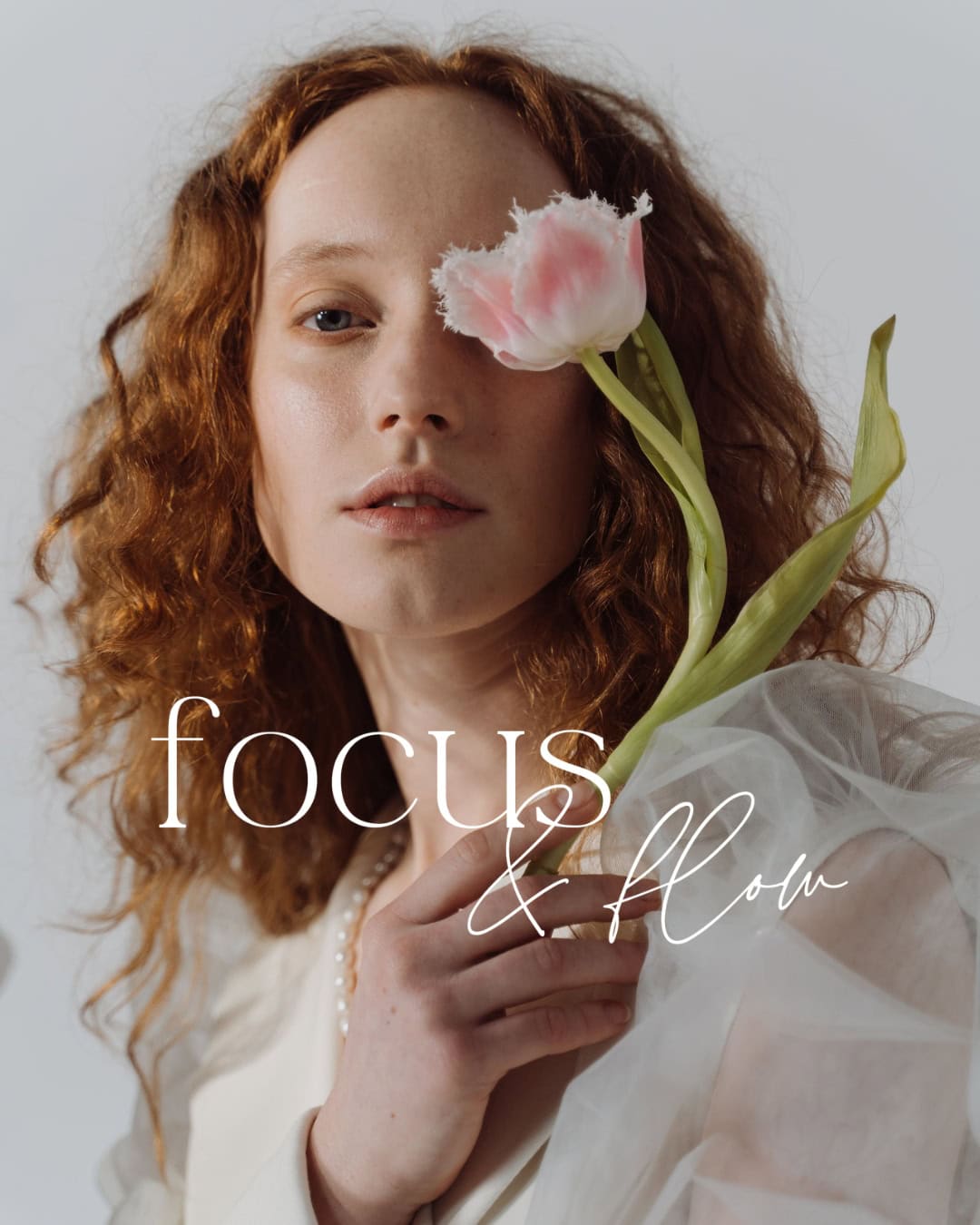 Design layout featuring text 'Focus & flow' with a photo of a woman in a ribbed outfit lying down, images of skincare bottles and a jade roller, and two minimalist business cards, one green with an 'f' logo and one cream with contact details.