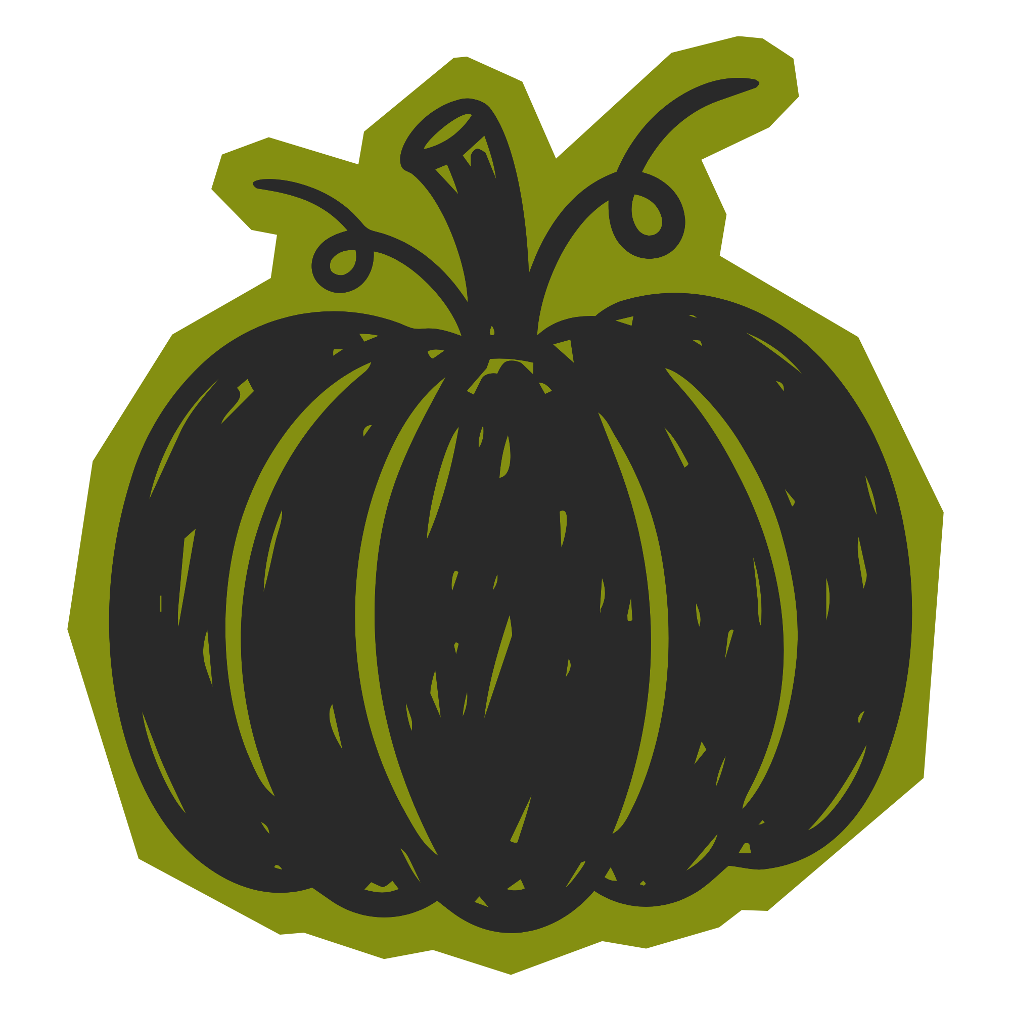 Stylized black pumpkin outline with a thick olive green stroke background, featuring curved lines and a short stem with curled vine tendrils.