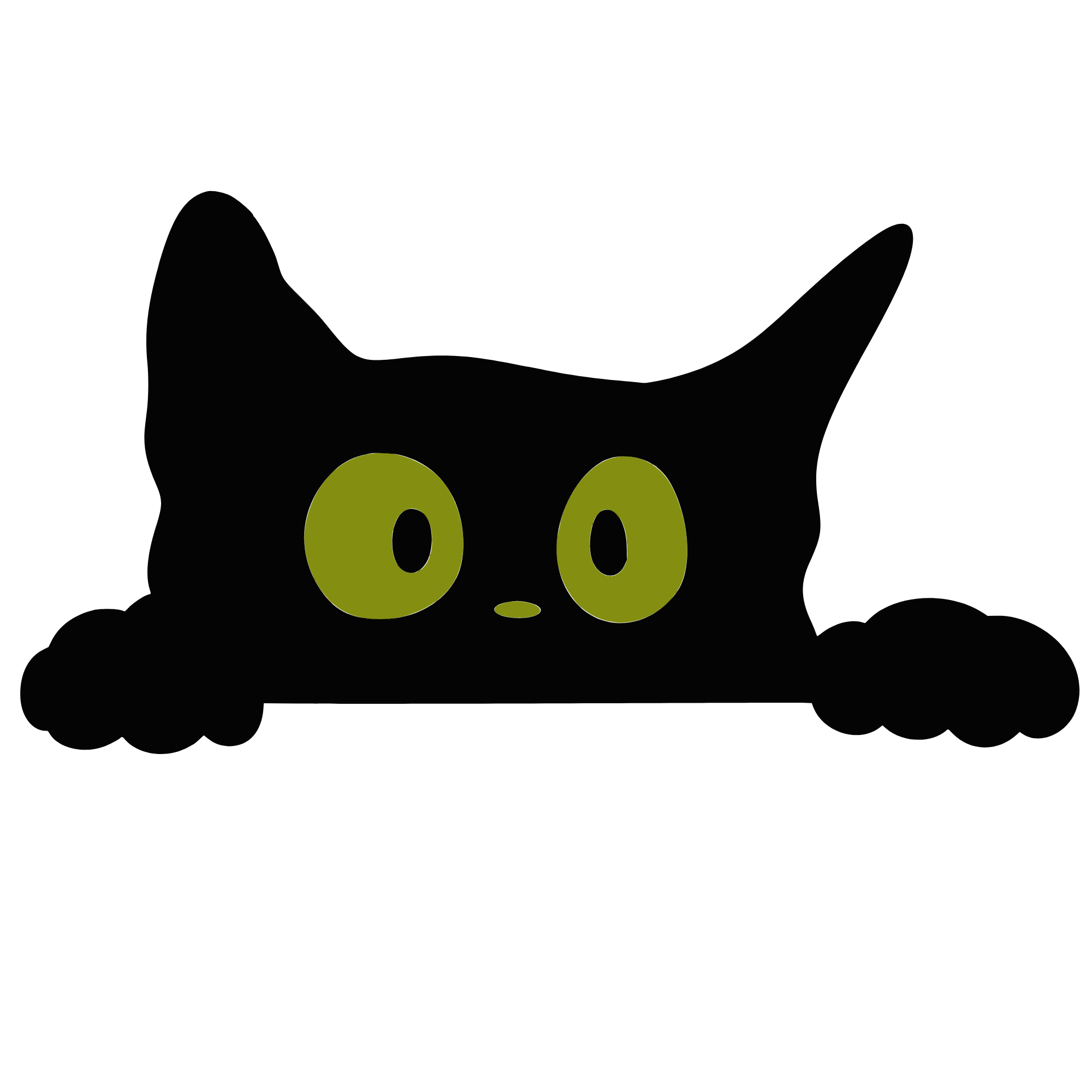 Black cat with large green eyes peeking over an edge with its paws visible.