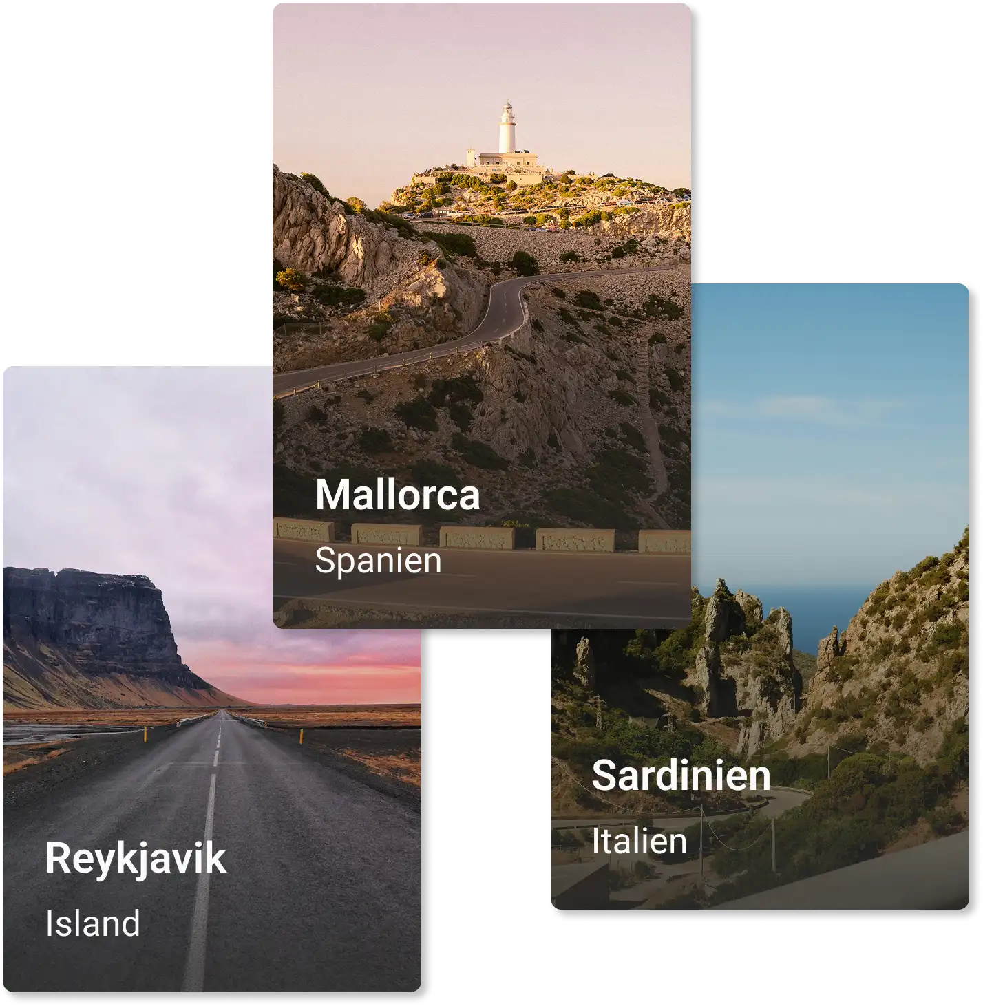 Collage mit den Motorrad Zielen Mallorca, Reykjavik und Sardinien