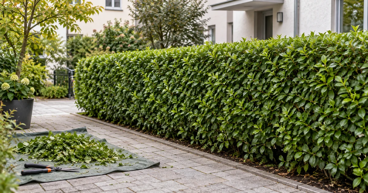 Gepflegte Hecke mit gesammeltem Schnittgut an einer Wohnanlage