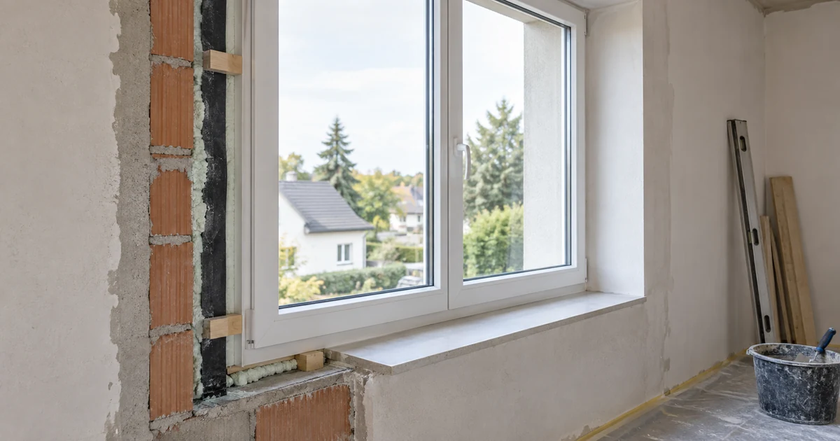 Neues Fenster während der fachgerechten Montage in einer Wandöffnung