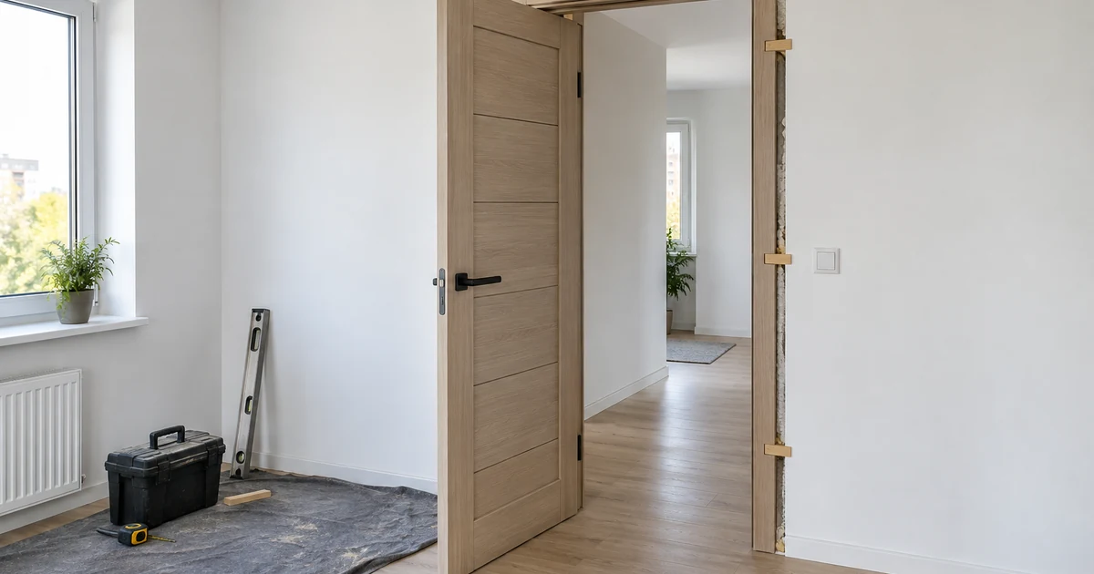 Neue Innentür mit Zarge während der Montage in einem renovierten Raum