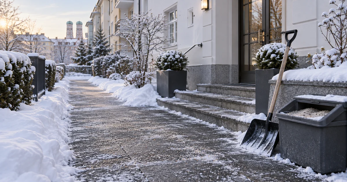 Geräumter und gestreuter Gehweg vor einer Wohnanlage im Winter
