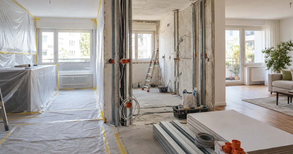 Wohnung während der Renovierung mit geschützten Flächen und sichtbaren Arbeitsschritten