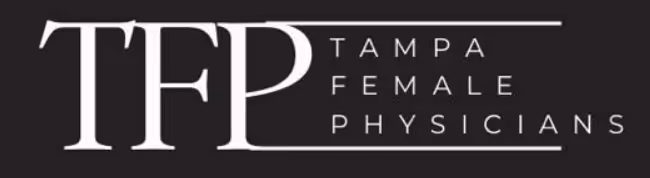 Logo with large letters TFP and the words Tampa Female Physicians beside it on a dark background.