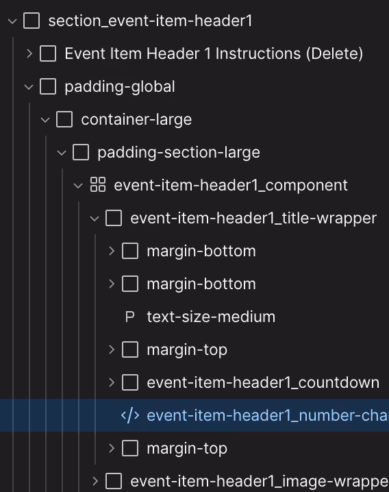 Screenshot of a nested webpage structure showing folders and files with names related to event item header and padding, displayed in a dark-themed developer interface.
