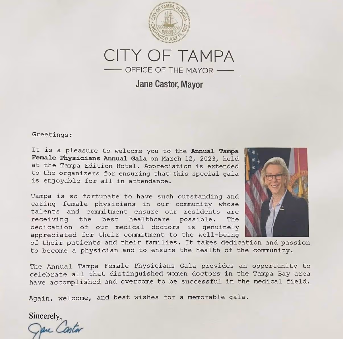 Letter from City of Tampa Office of the Mayor Jane Castor welcoming attendees to the Annual Tampa Female Physicians Annual Gala on March 12, 2023, with a photo of Mayor Jane Castor.