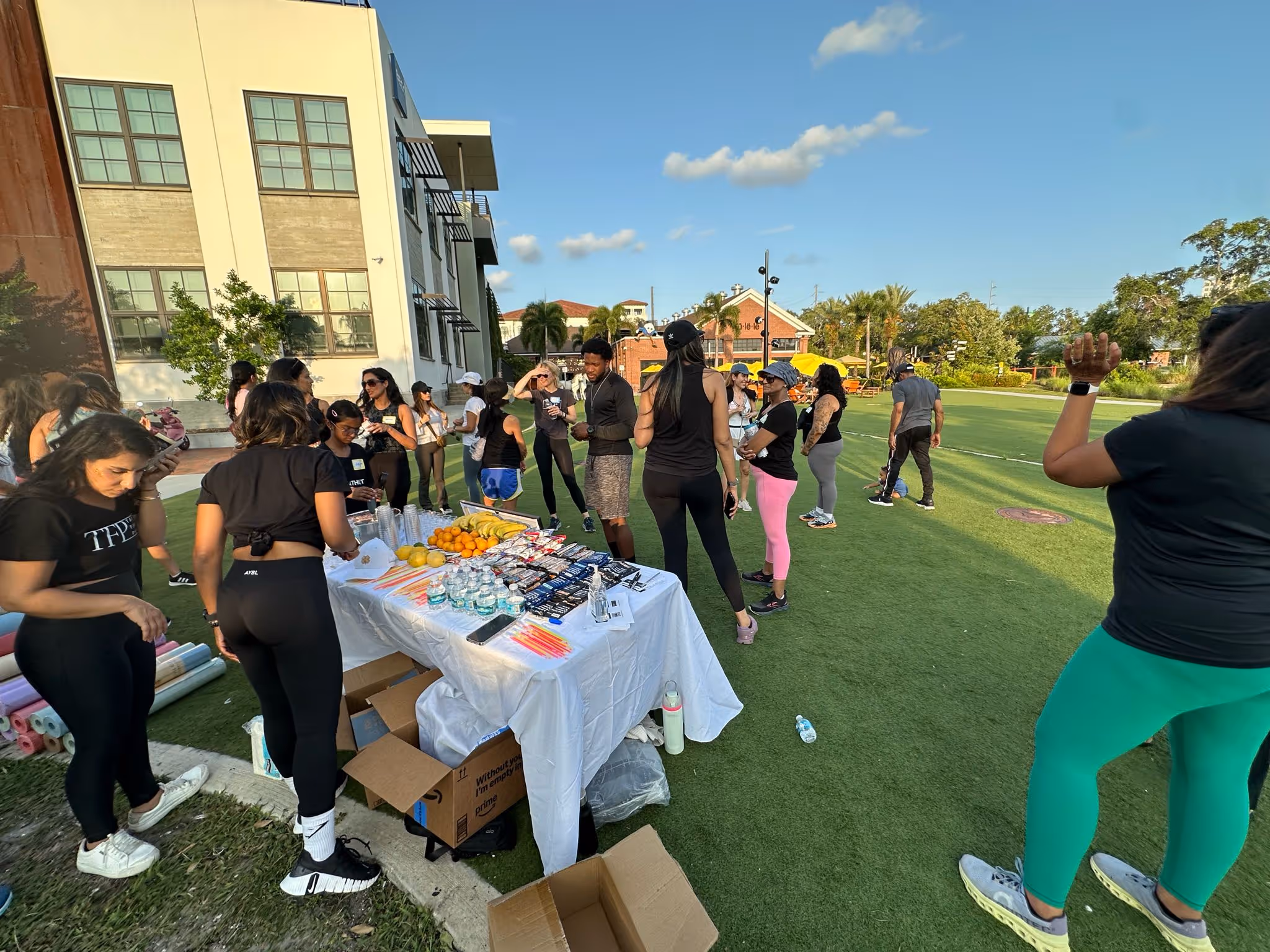 Group of people socializing near a table with water, fruits, and snacks on a grassy field in front of buildings on a sunny day.