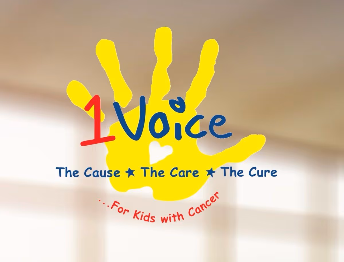 Yellow handprint logo with text '1 Voice The Cause The Care The Cure ...For Kids with Cancer' emphasizing support for children with cancer.