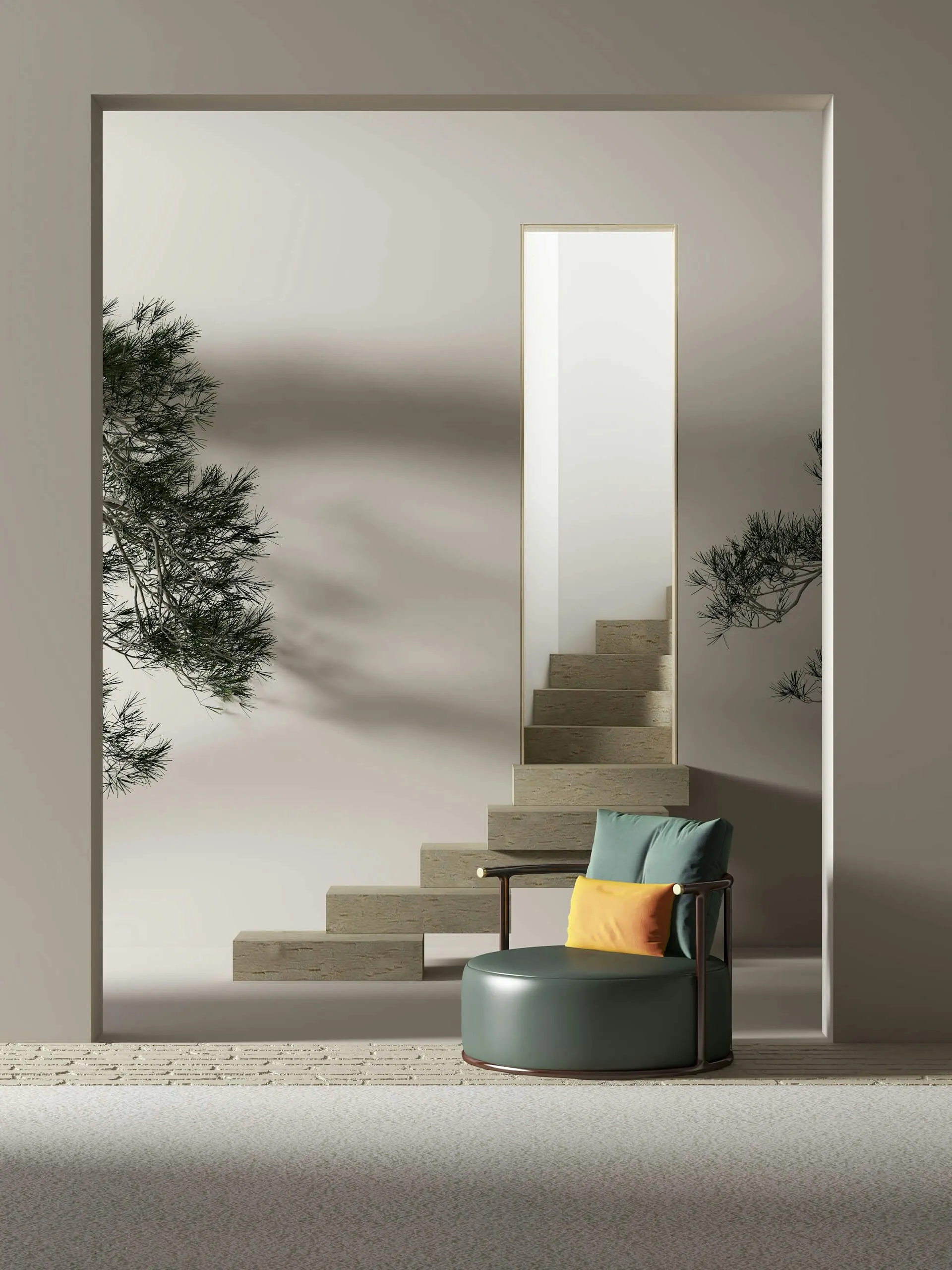 Minimalist interior with a green round armchair, yellow pillow, and floating stairs reflected in a tall mirror, flanked by green plants.