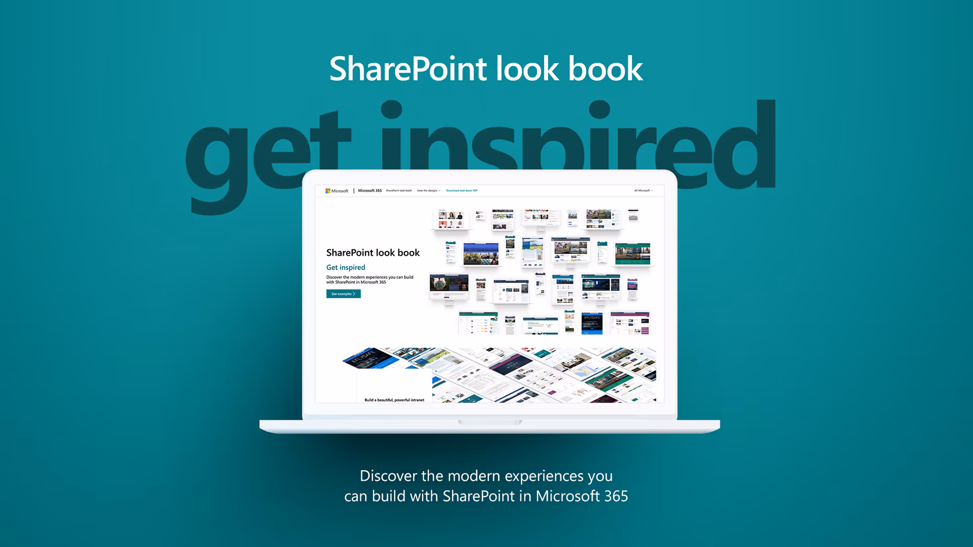 SharePoint look book webpage displayed on laptop against teal background promoting Microsoft 365 intranet design inspiration.