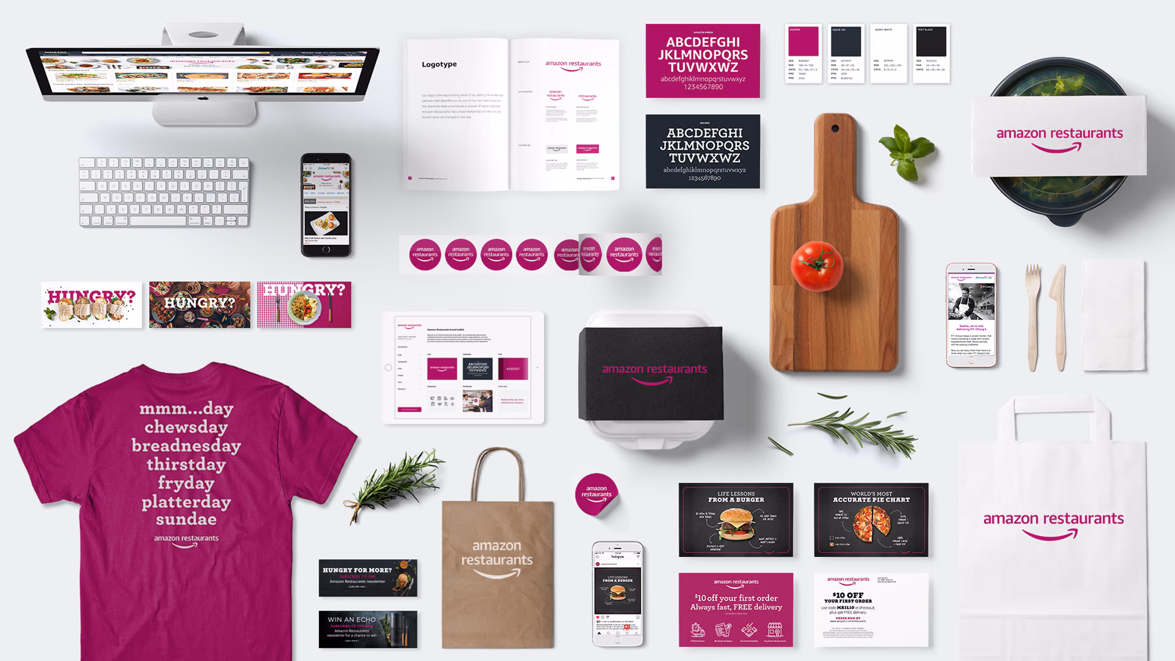 Amazon Restaurants brand identity system including website, guidelines, apparel, and marketing materials.