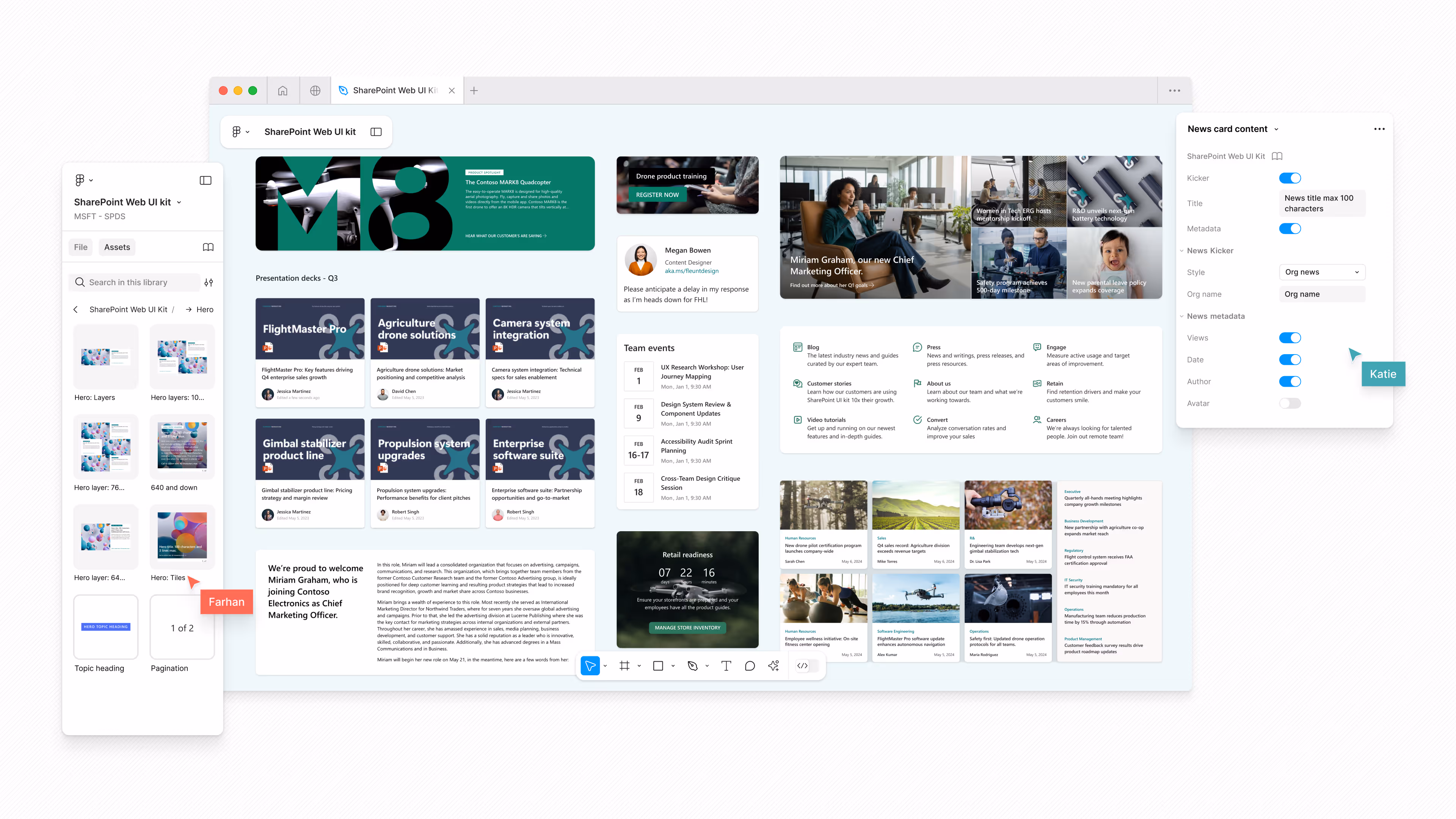 A screen capture of the SharePoint Web UI Kit in a design tool, displaying news cards and layout examples, with a component properties panel open on the right.