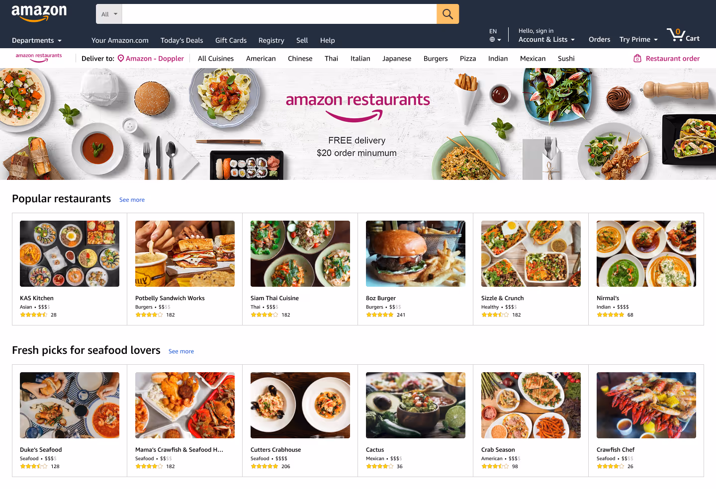 Amazon Restaurants on Amazon.com showing cuisine filters, restaurant carousel, and free delivery promotion with $20 minimum.