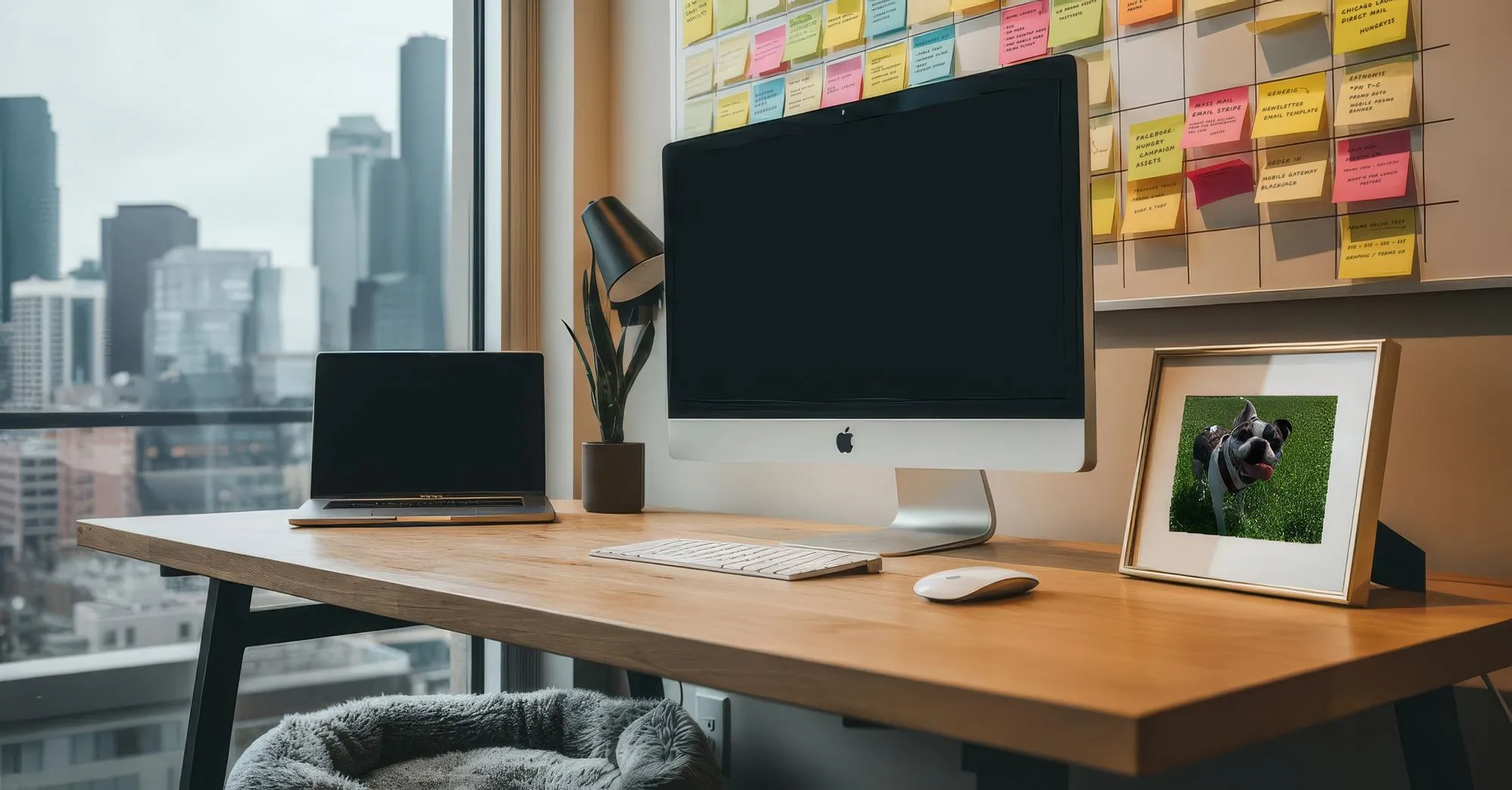 Modern office desk with desktop computer, laptop, and colorful sticky note board above, overlooking city skyline.