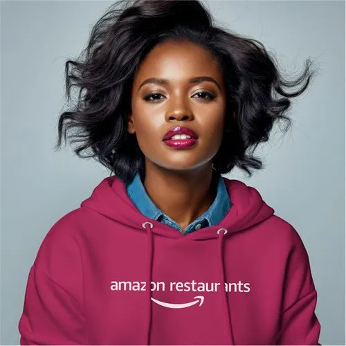Person wearing magenta hoodie with restaurants branding.