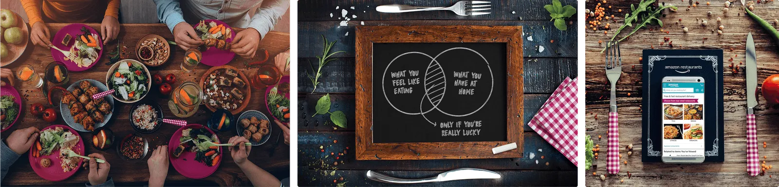 People sharing food at a table; chalkboard with Venn diagram joke; smartphone showing Amazon Restaurants app.