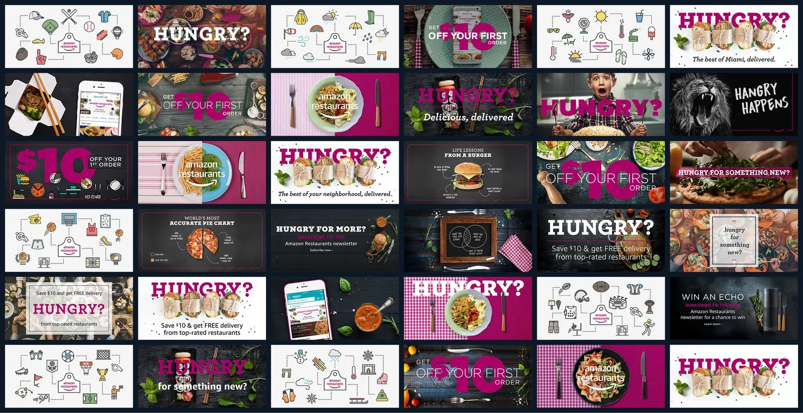 Grid of Amazon Restaurants marketing materials featuring promotional offers, food photography, and various hungry-themed campaign designs.