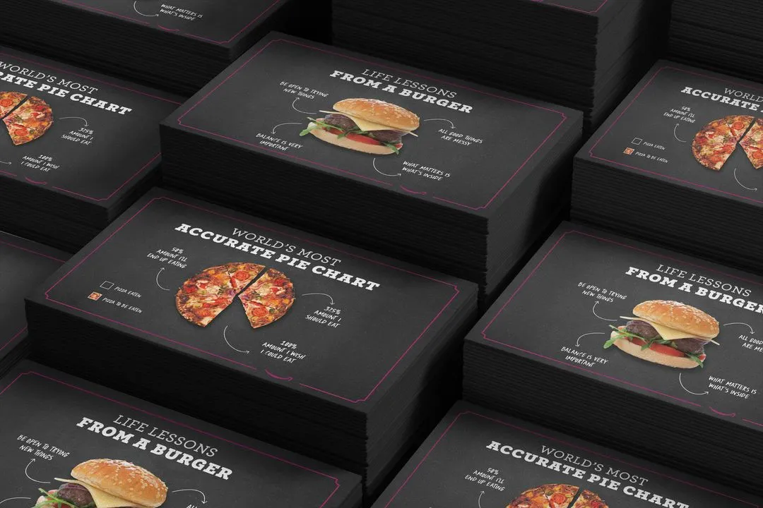 Direct mail pieces showing life lessons from a burger and world's most accurate pie chart with humorous annotations.