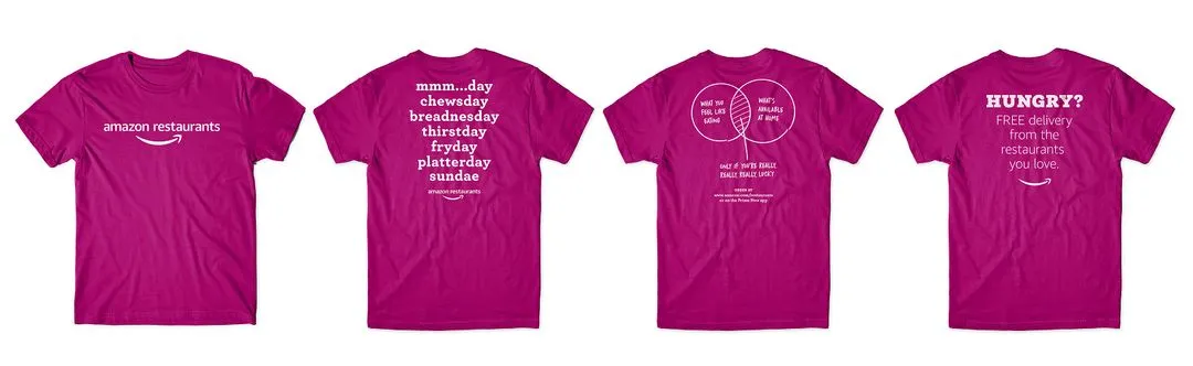 Four magenta t-shirts featuring Amazon Restaurants branding and playful food-themed slogans.
