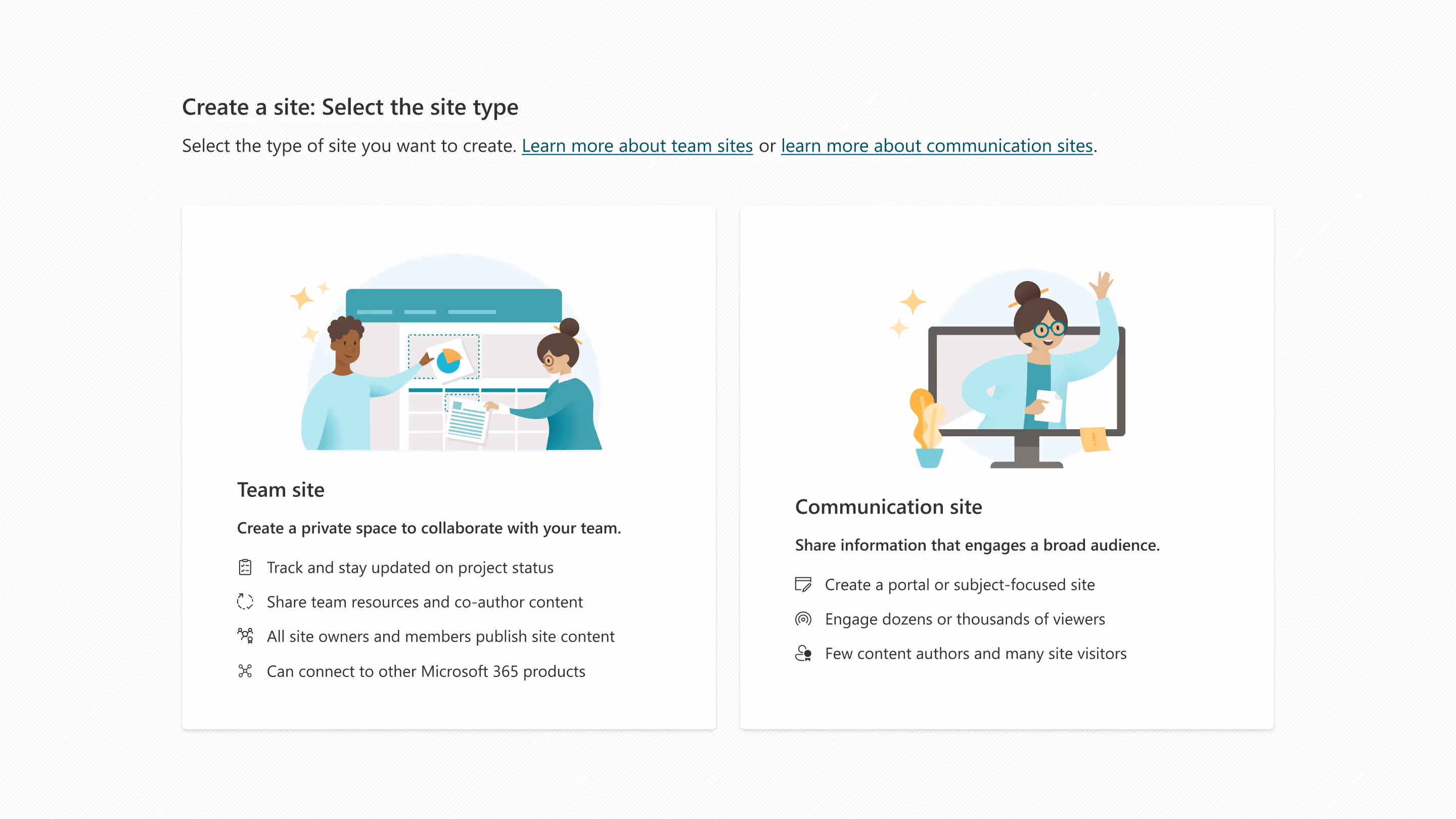 Dialog graphic provided when a user wants to create a new SharePoint site that provides a descriptive difference between the two options