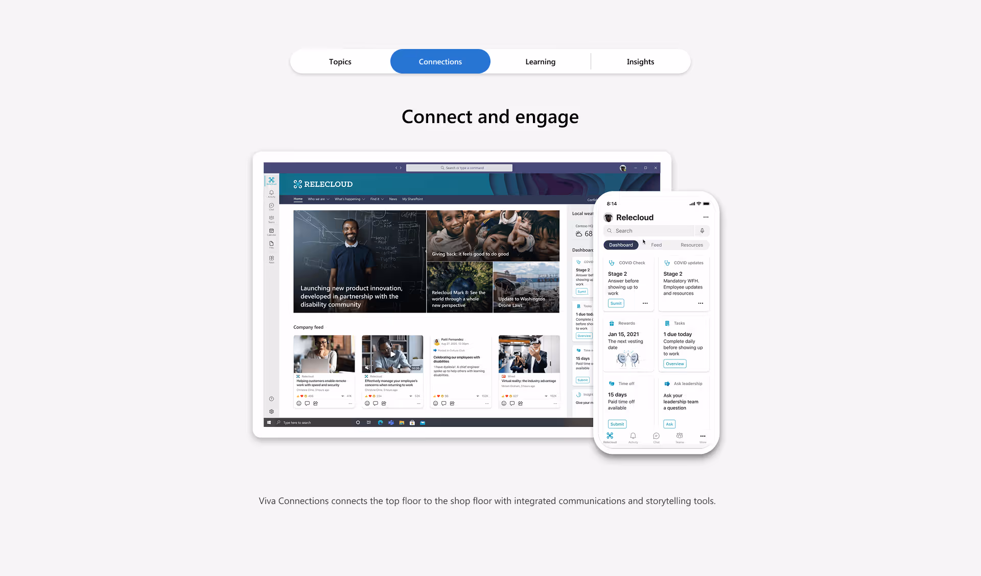 Viva Connections dashboard on desktop and mobile showing company news, announcements, and task management features.