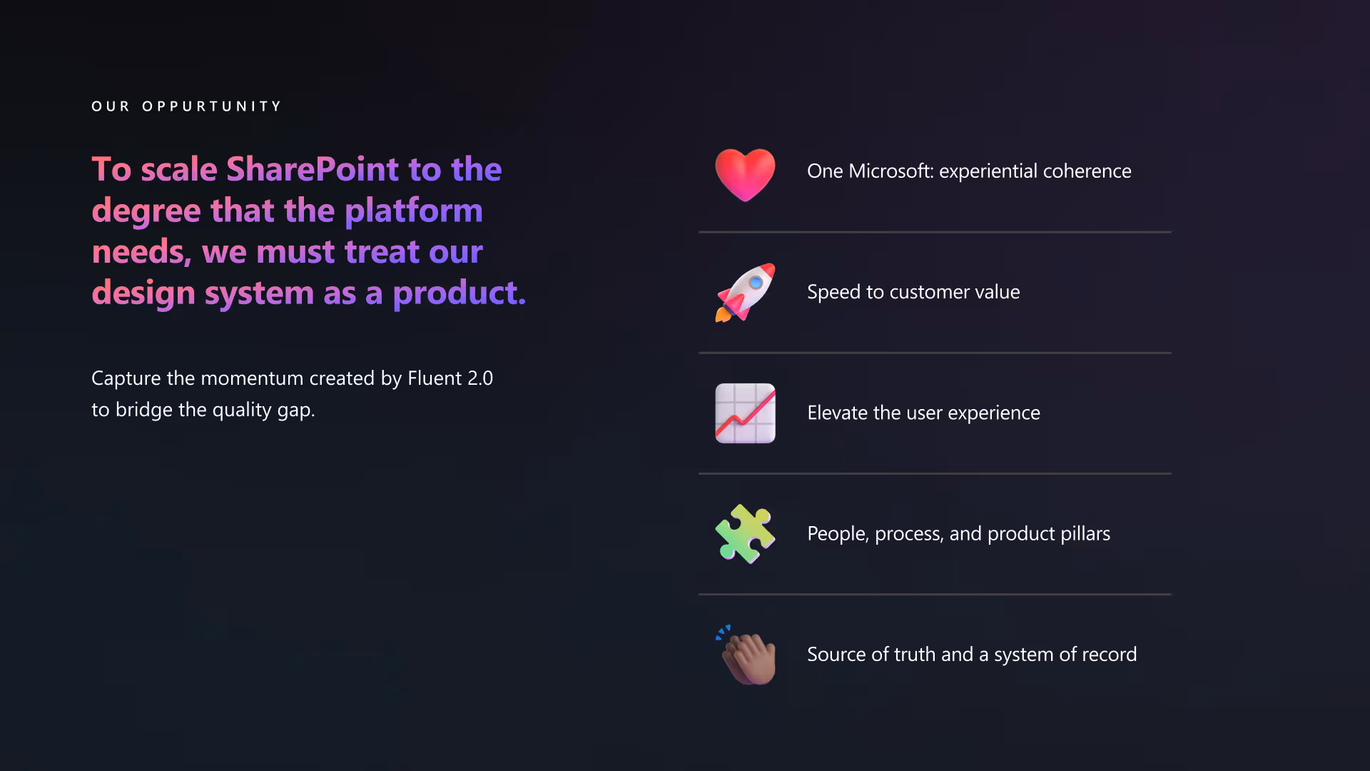 Opportunity slide showing five strategic goals with corresponding icons.
