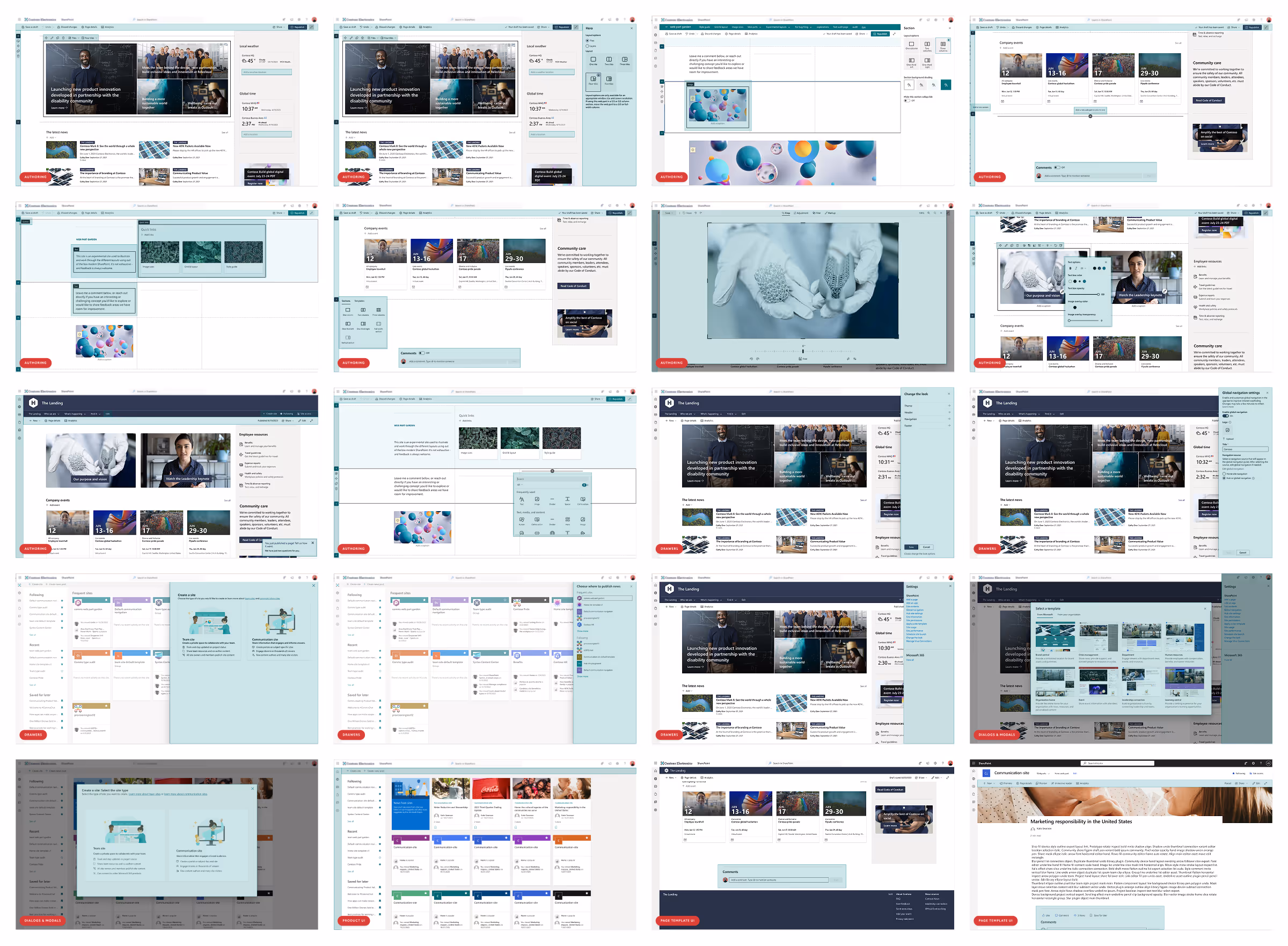 Collage of multiple screenshots displaying various user interface elements and features of a website or software platform, including dashboards, menus, templates, and content editing tools.
