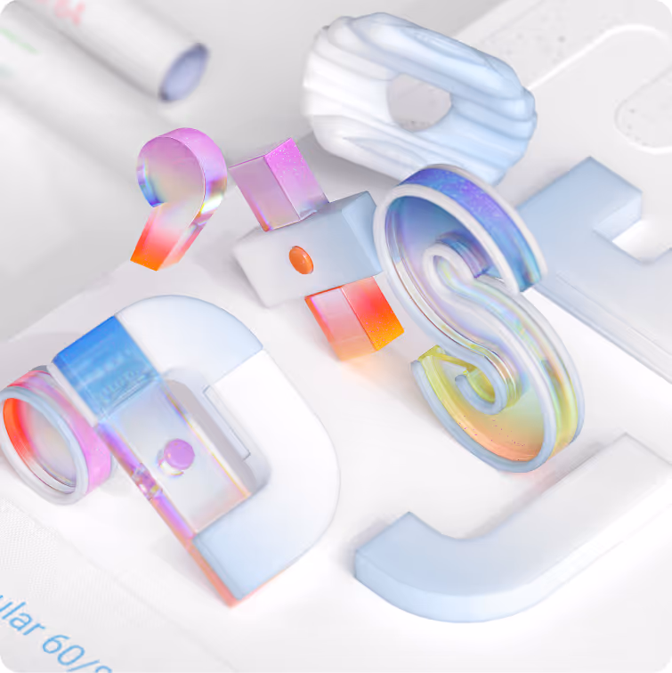 Colorful, translucent 3D letters Q, I, and S with gradient hues of pink, blue, and orange on a white textured surface.