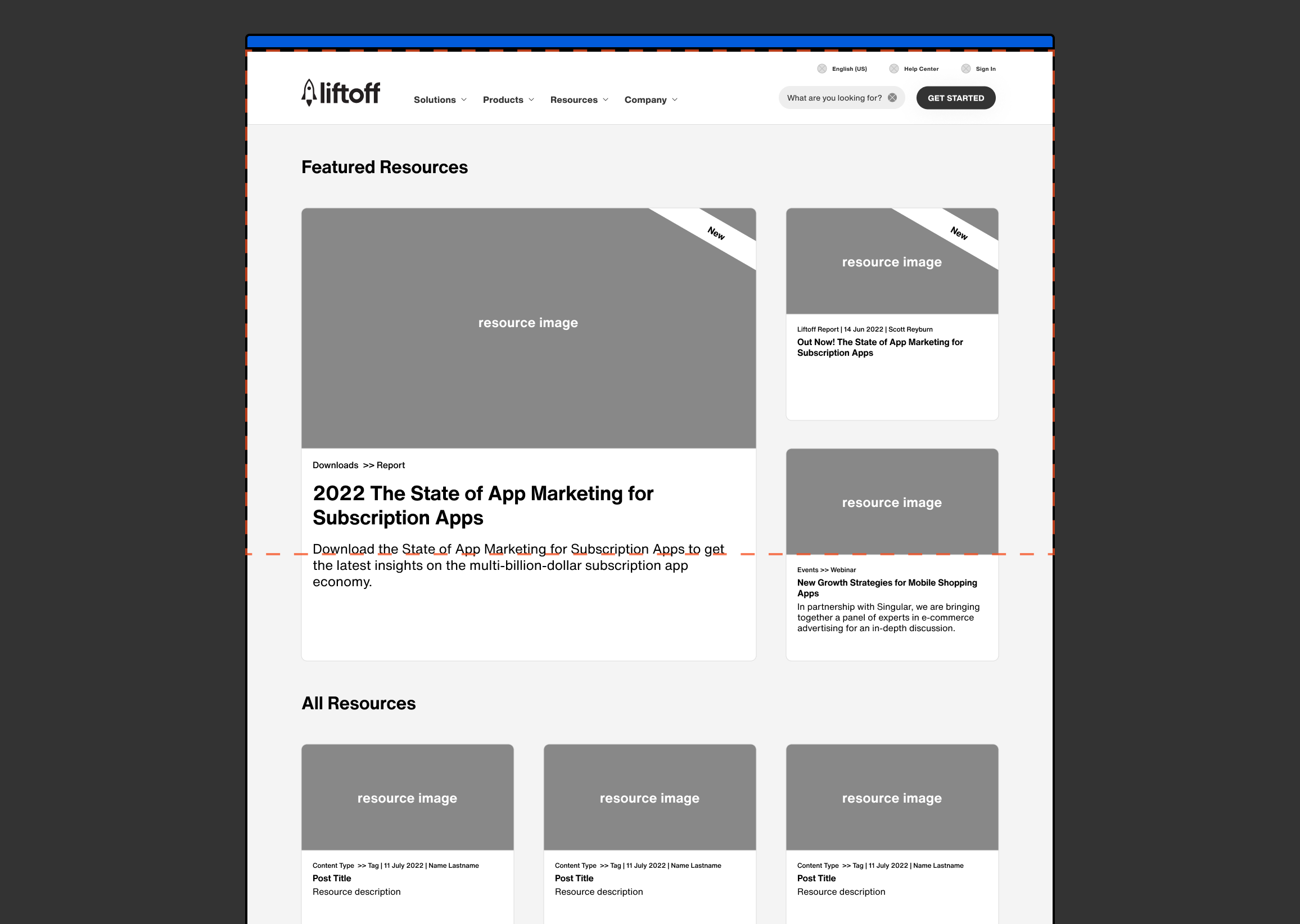 Webpage screenshot of Liftoff's resource page showing featured and all resources sections with placeholder images and text about app marketing and mobile shopping strategies.