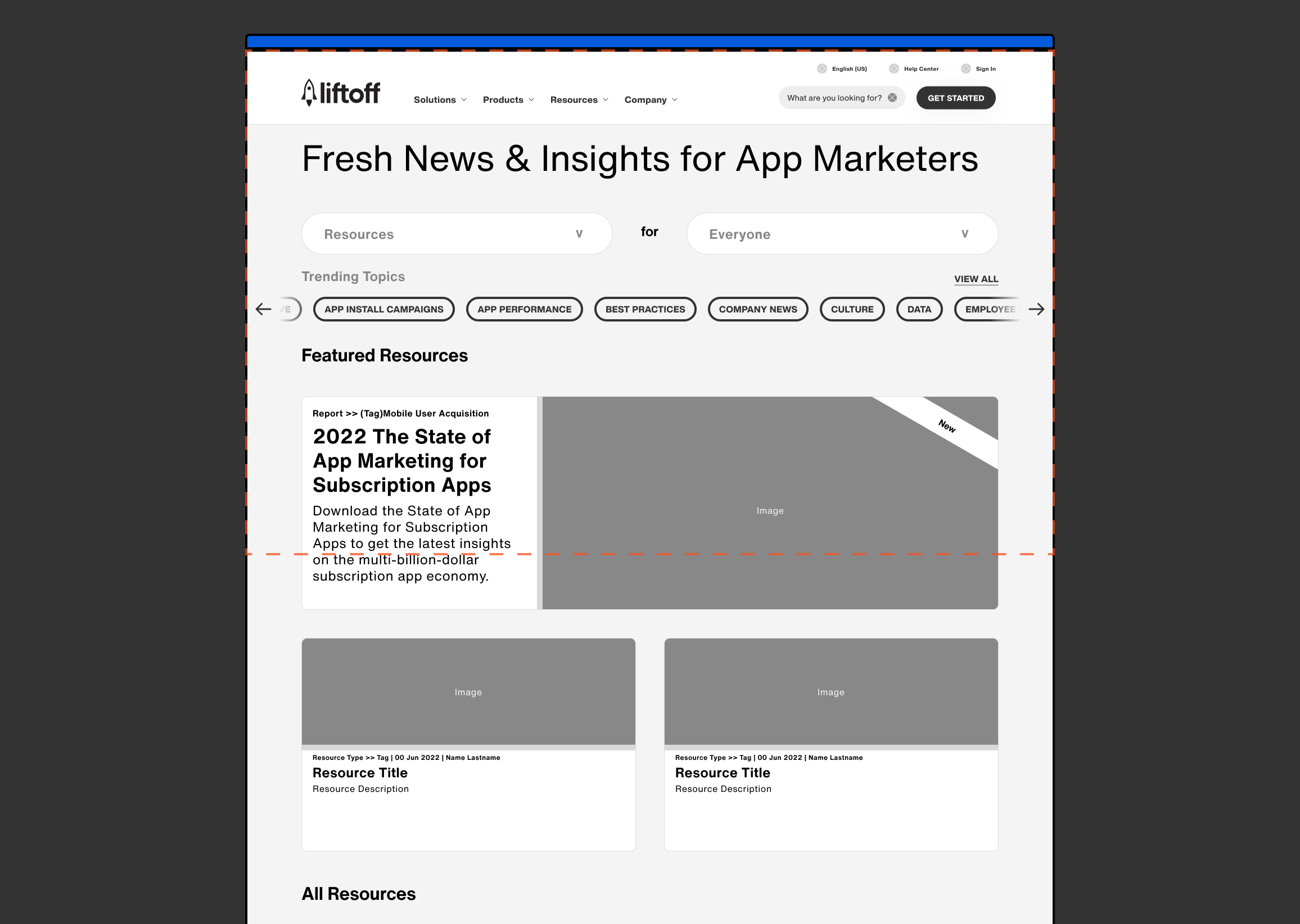Liftoff website page displaying fresh news and insights for app marketers with filters for resources and audience, trending topics, featured resources including reports and articles with titles and descriptions.