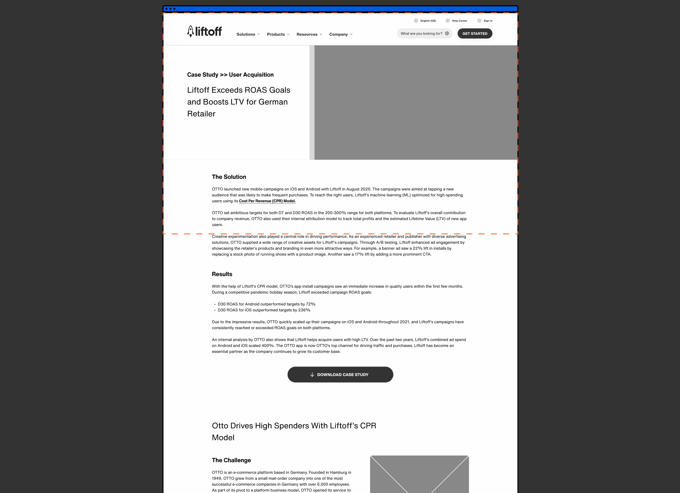 Webpage showing a case study titled 'Liftoff Exceeds ROAS Goals and Boosts LTV for German Retailer' with sections outlining the solution, results, and challenges, plus a download button for the case study.