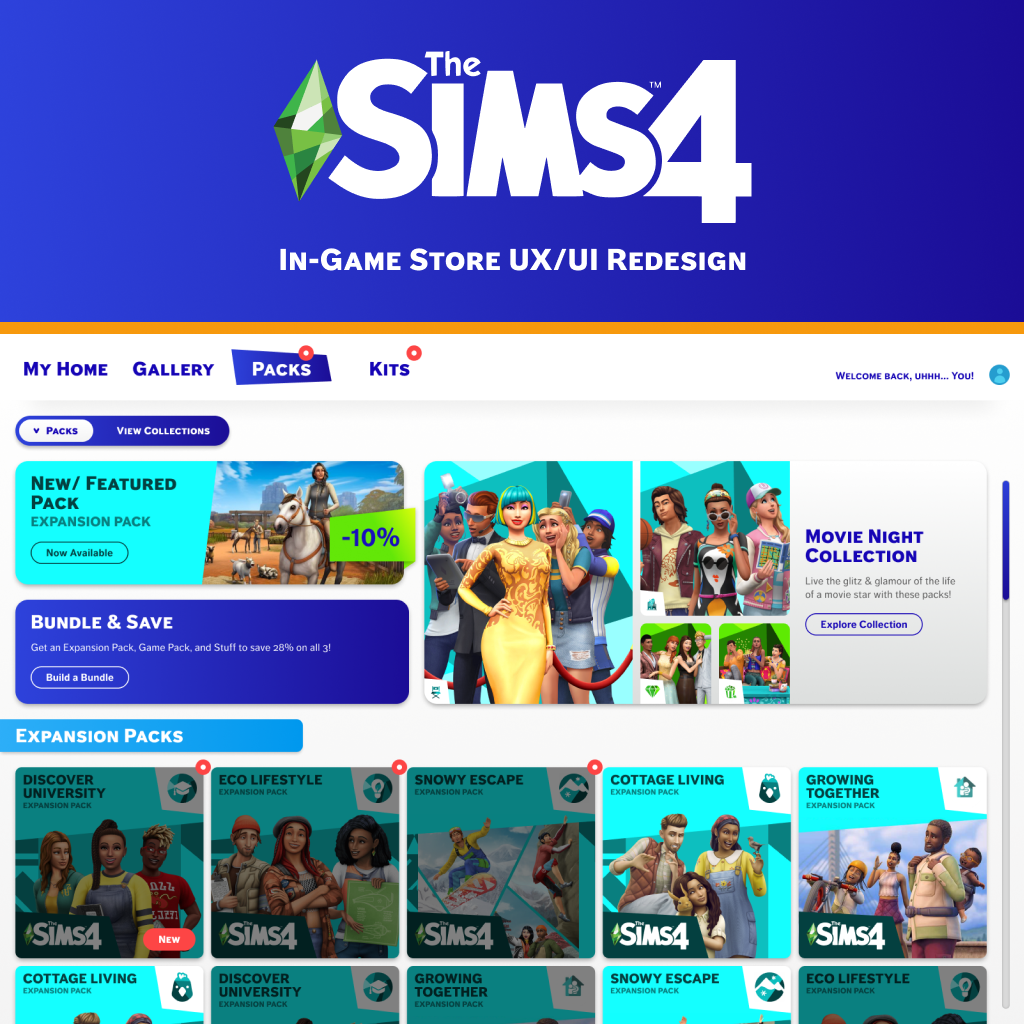 The Sims 4 in-game store UI redesign featuring tabs for My Home, Gallery, Packs, and Kits, with highlighted new/featured expansion pack and expansion packs grid below.