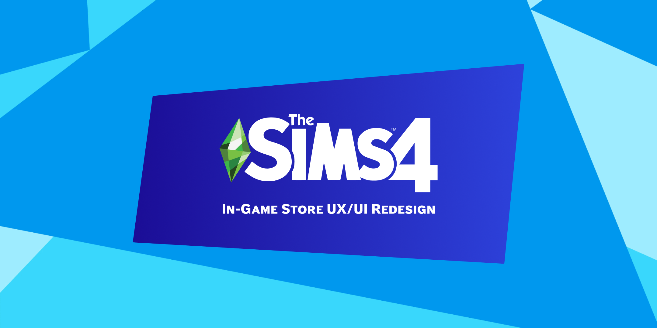 The Sims 4 logo with text 'In-Game Store UX/UI Redesign' on a blue geometric background.