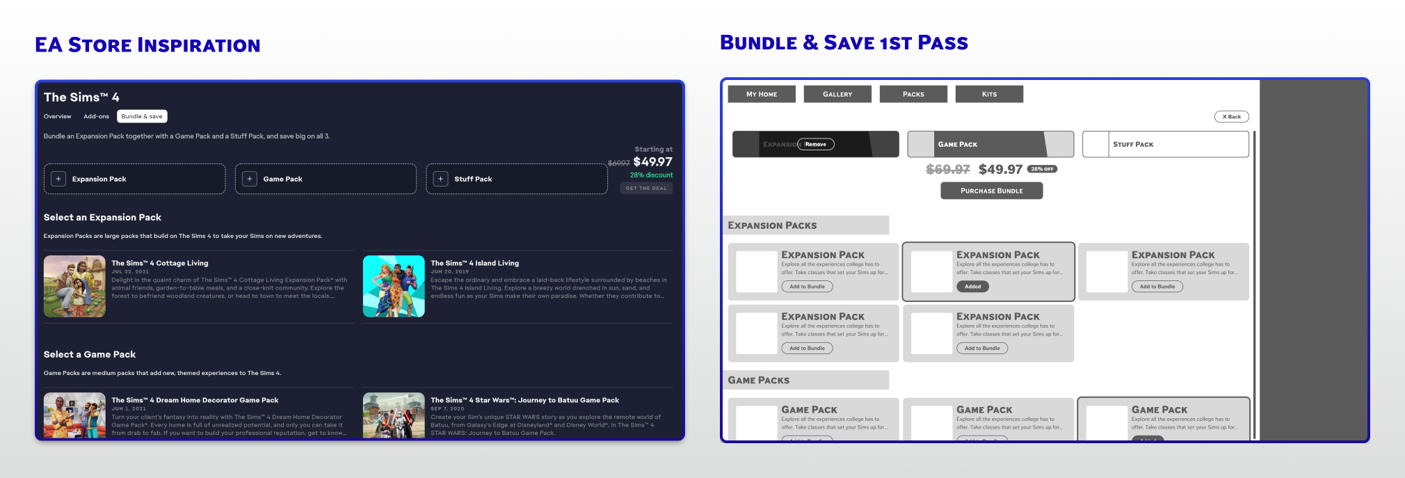 Comparison of two user interface designs for bundling expansion, game, and stuff packs in The Sims 4: left side shows EA Store Inspiration with detailed pack options, right side displays Bundle & Save first pass with simplified layout and bundle purchase button.