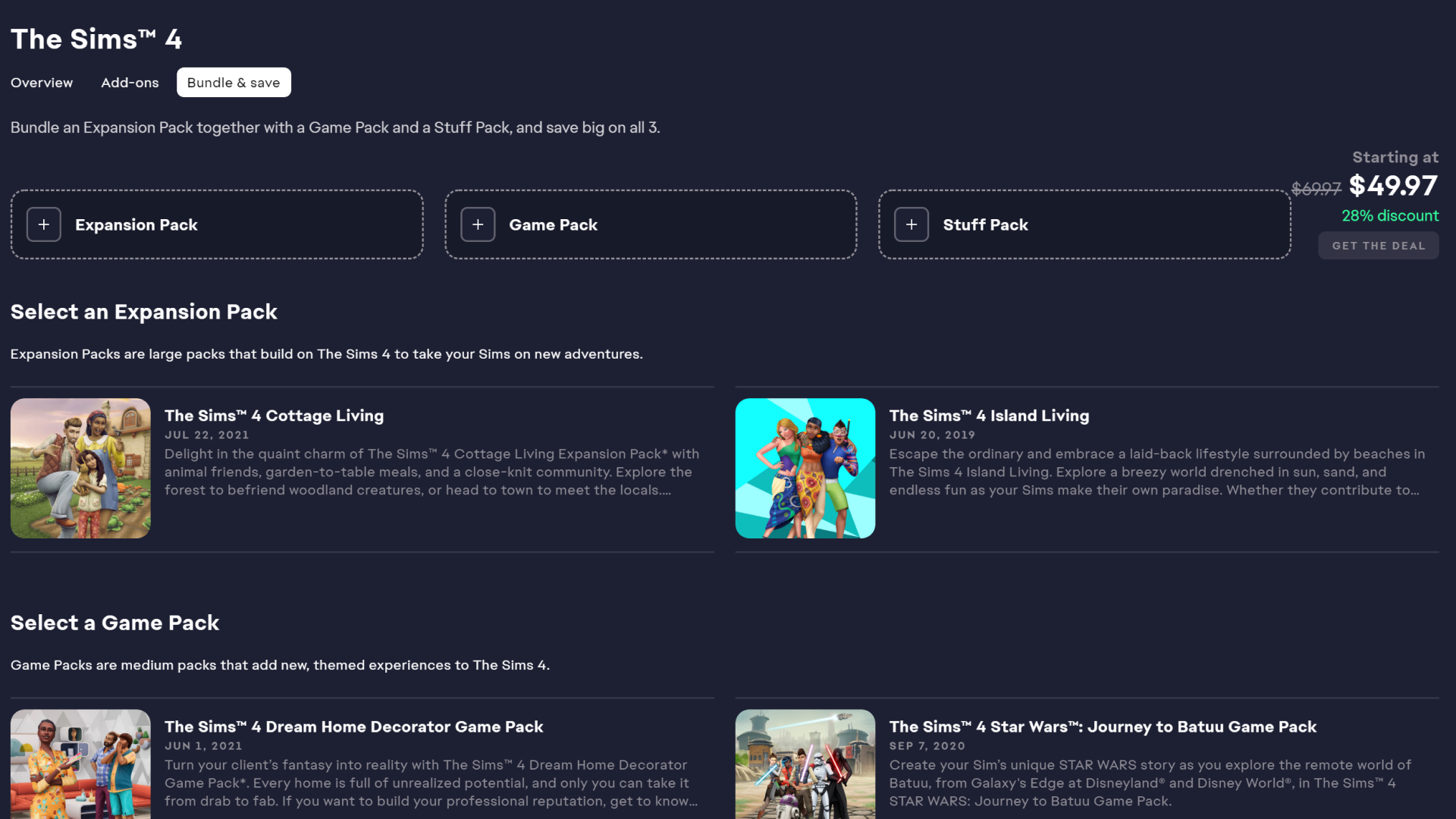 The Sims 4 bundle page showing options to select Expansion Pack, Game Pack, and Stuff Pack with starting price, discount, and details for each pack including Cottage Living, Island Living, Dream Home Decorator, and Star Wars Journey to Batuu.