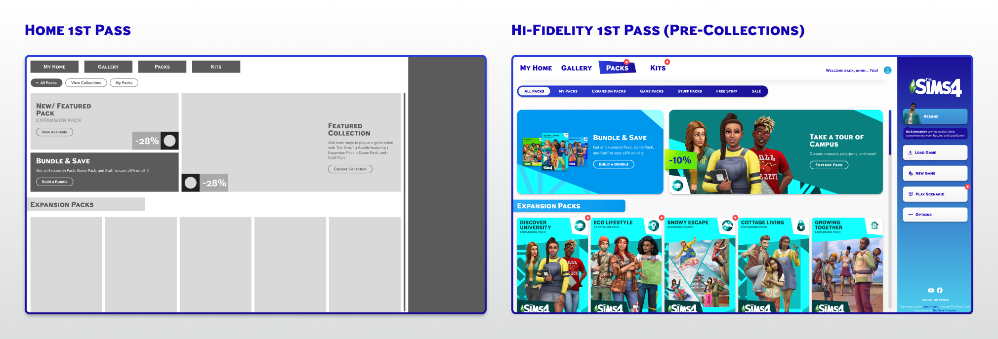 Side-by-side comparison of two Sims 4 store interface designs labeled Home 1st Pass and Hi-Fidelity 1st Pass, showing menu navigation, bundle offers, expansion packs, and user options.