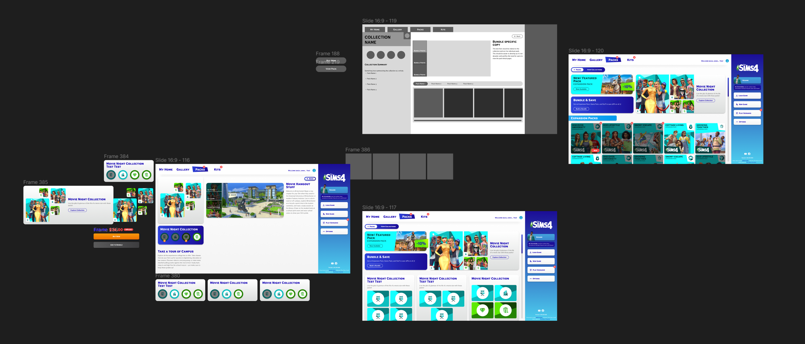 User interface design mockups for Sims 4 pack collections, showing multiple screen views including collection summary, featured packs, bundle offers, and detailed pack icons with navigation menus.