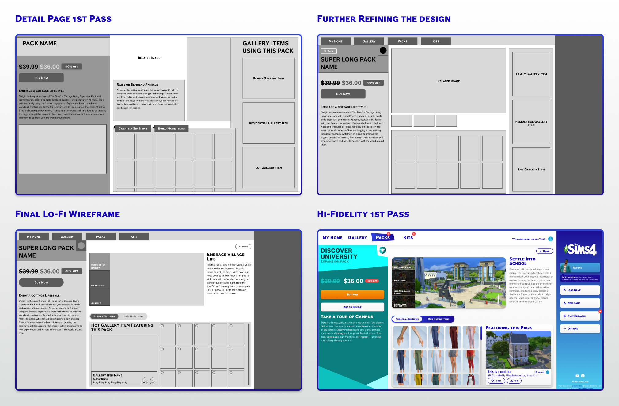 Four UI design stages for a Sims 4 expansion pack detail page, from initial wireframes to a colorful high-fidelity first pass.