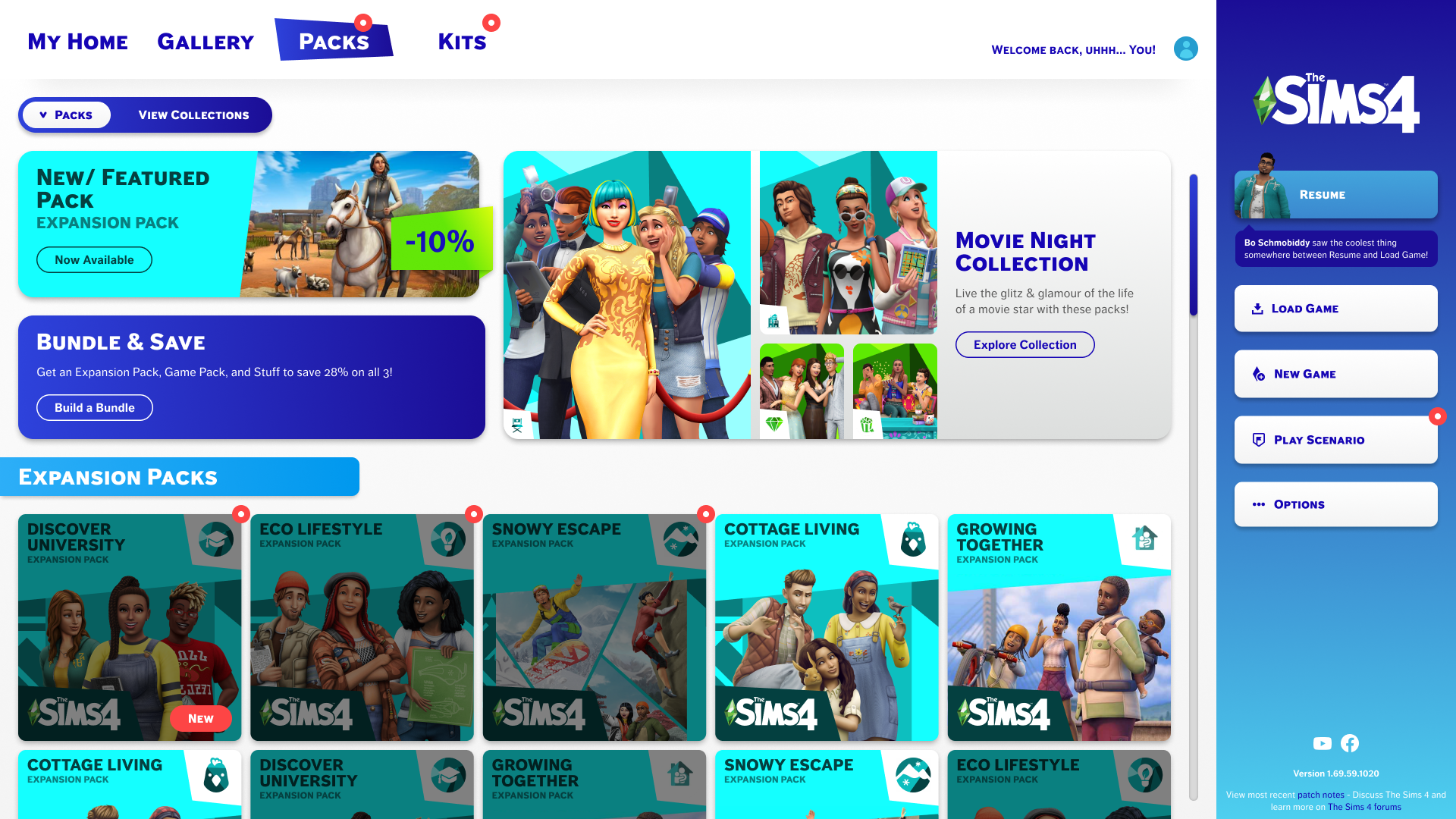 The Sims 4 game interface showing packs and expansion packs including New Featured Pack with a 10% discount, Movie Night Collection, and various expansion packs like Discover University, Eco Lifestyle, Snowy Escape, Cottage Living, and Growing Together.